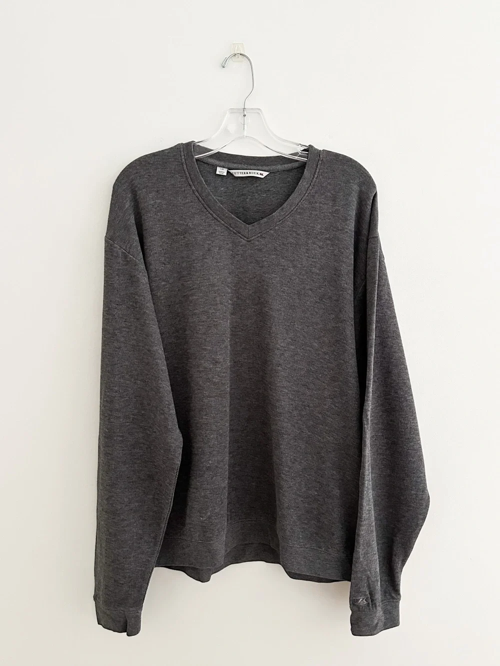 Cutter & Buck Men's Gray Ribbed Cotton V Neck Sweater Sweatshirt Size L Pullover